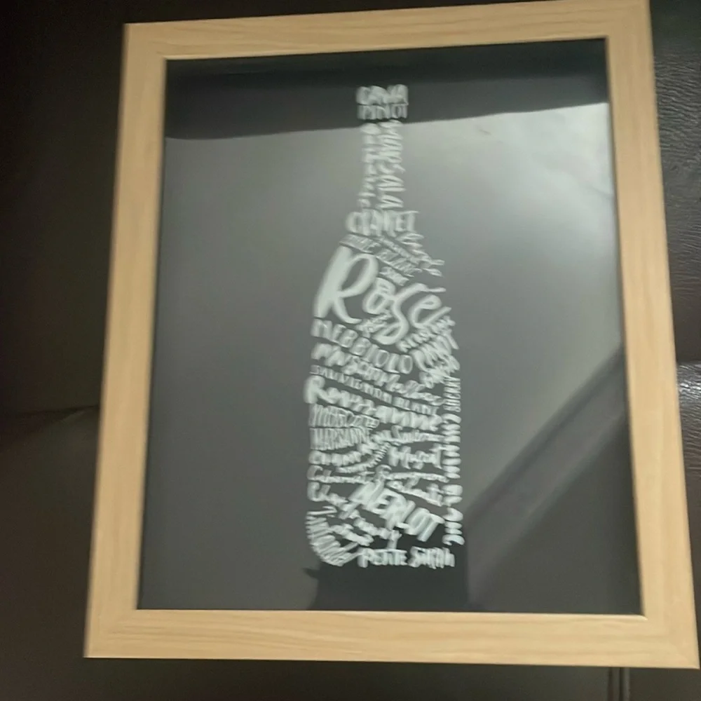 Threshold Framed art. Wine bottle wine names. Target. Light oak frame. Good cond